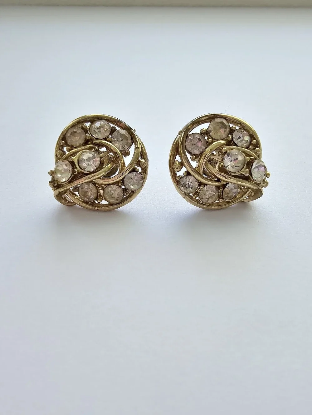 Vintage Coro Gold-Tone Rhinestone Swirl Clip-On Earrings